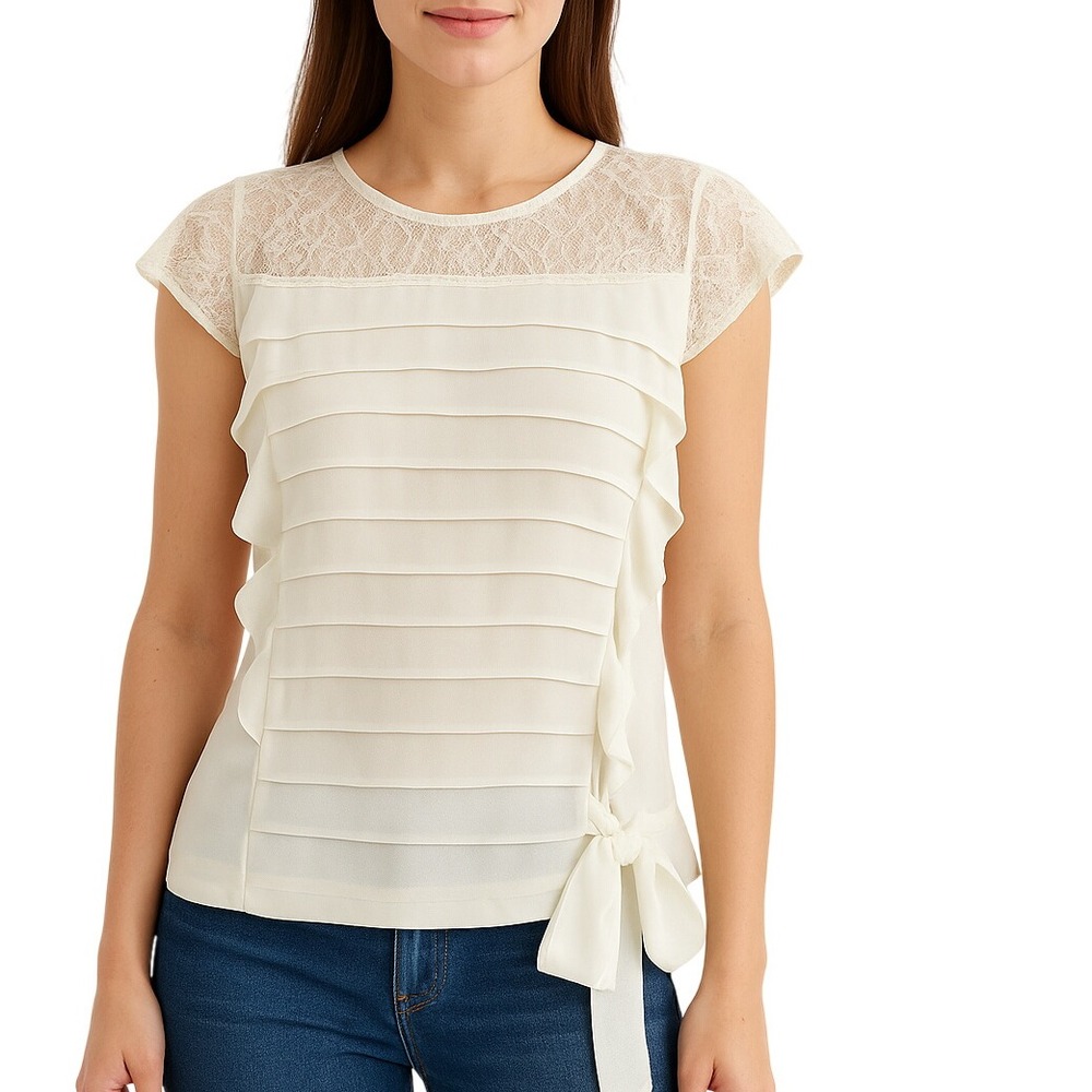 Forever 21 Women Blouse Size M Ivory Lace Ruffle Bow Top Short Sleeve